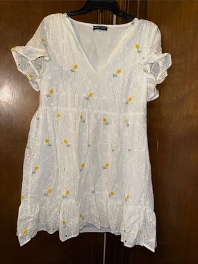 SHEIN White Mini Dress with Yellow Floral Embroidery